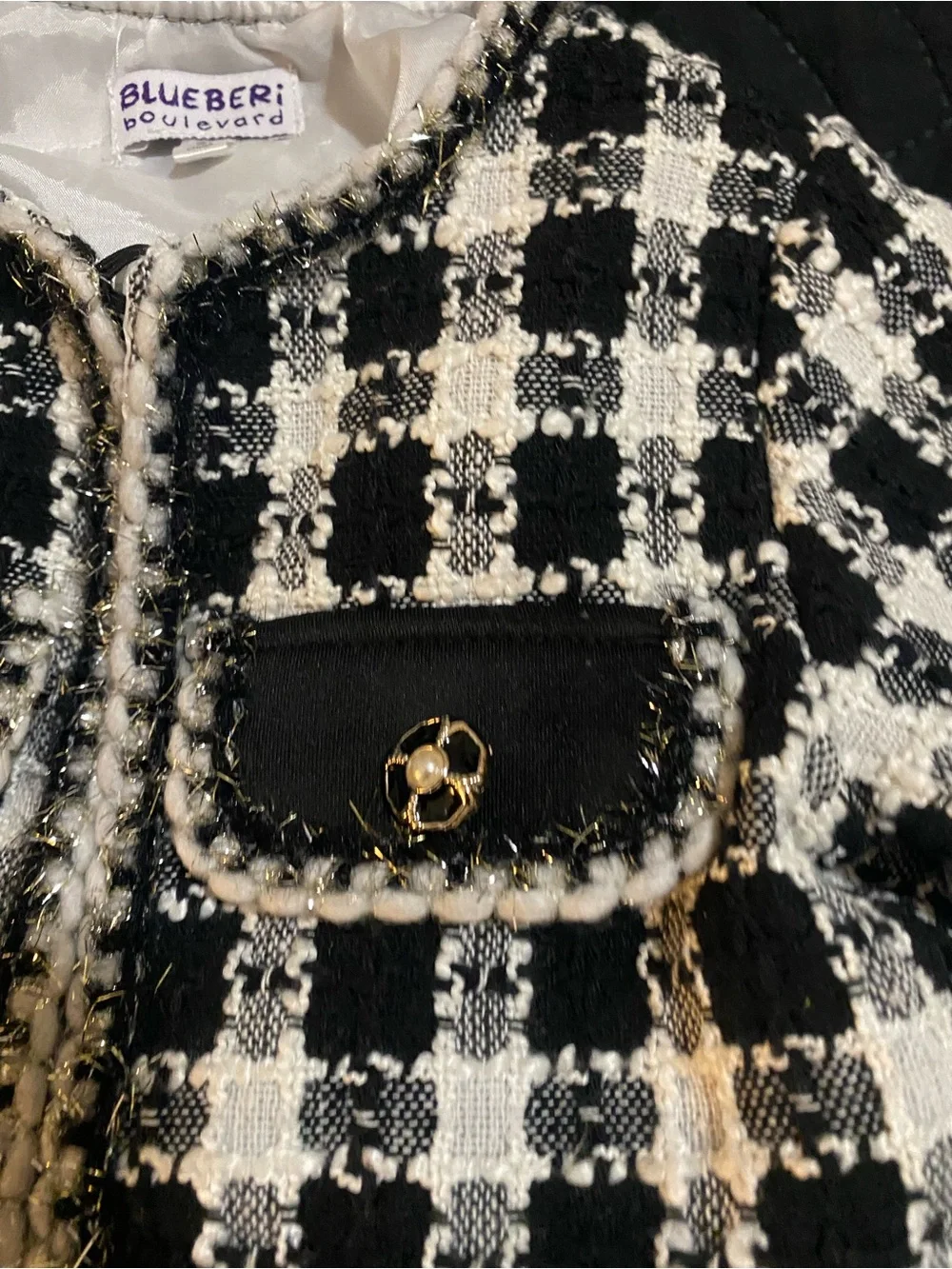 Blueberi Boulevard Girls 3T Black White Silver Trim Tweed Check Print Open Coat